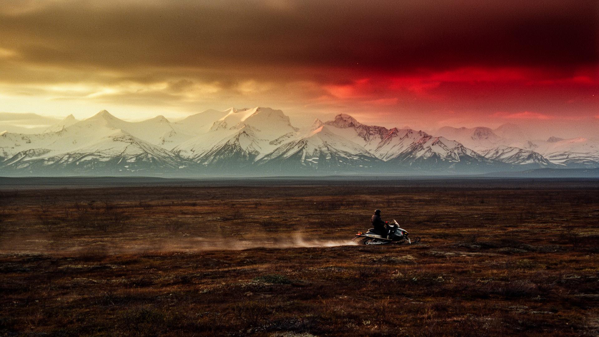 Snowmachine crossing the Alaskan tundra at golden hour